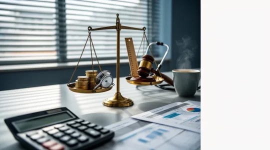 Bureau moderne avec calculatrice, documents fiscaux et balance équilibrée symbolisant l'optimisation des charges sociales pour les professions libérales