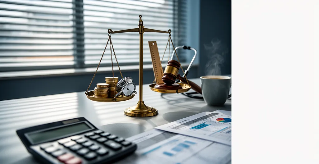 Bureau moderne avec calculatrice, documents fiscaux et balance équilibrée symbolisant l'optimisation des charges sociales pour les professions libérales