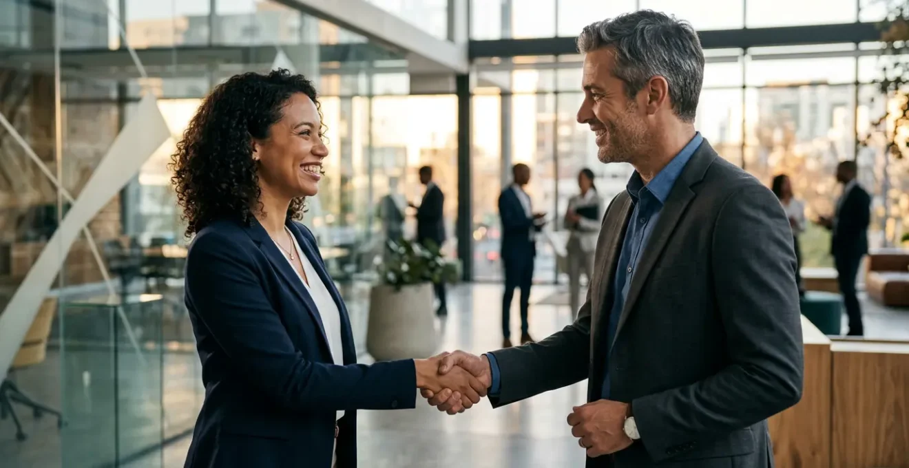 Deux professionnels échangent une poignée de main chaleureuse dans un environnement d'affaires moderne, symbolisant un partenariat commercial réussi