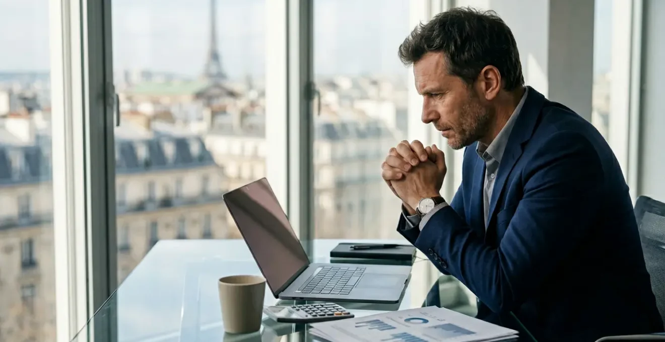 Dirigeant analysant des tableaux de bord financiers dans un bureau moderne avec vue sur la ville