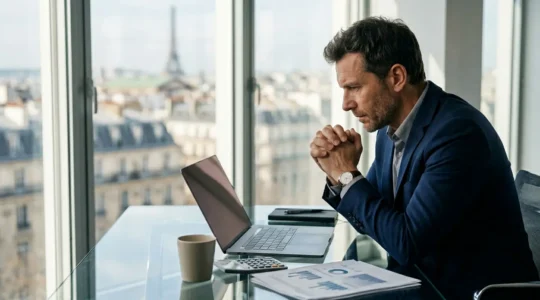 Dirigeant analysant des tableaux de bord financiers dans un bureau moderne avec vue sur la ville