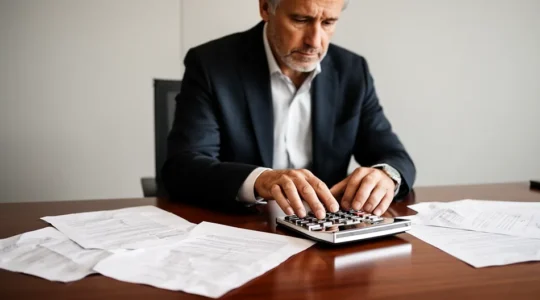 Président de SASU analysant ses bulletins de paie et cotisations sociales dans un bureau moderne en France