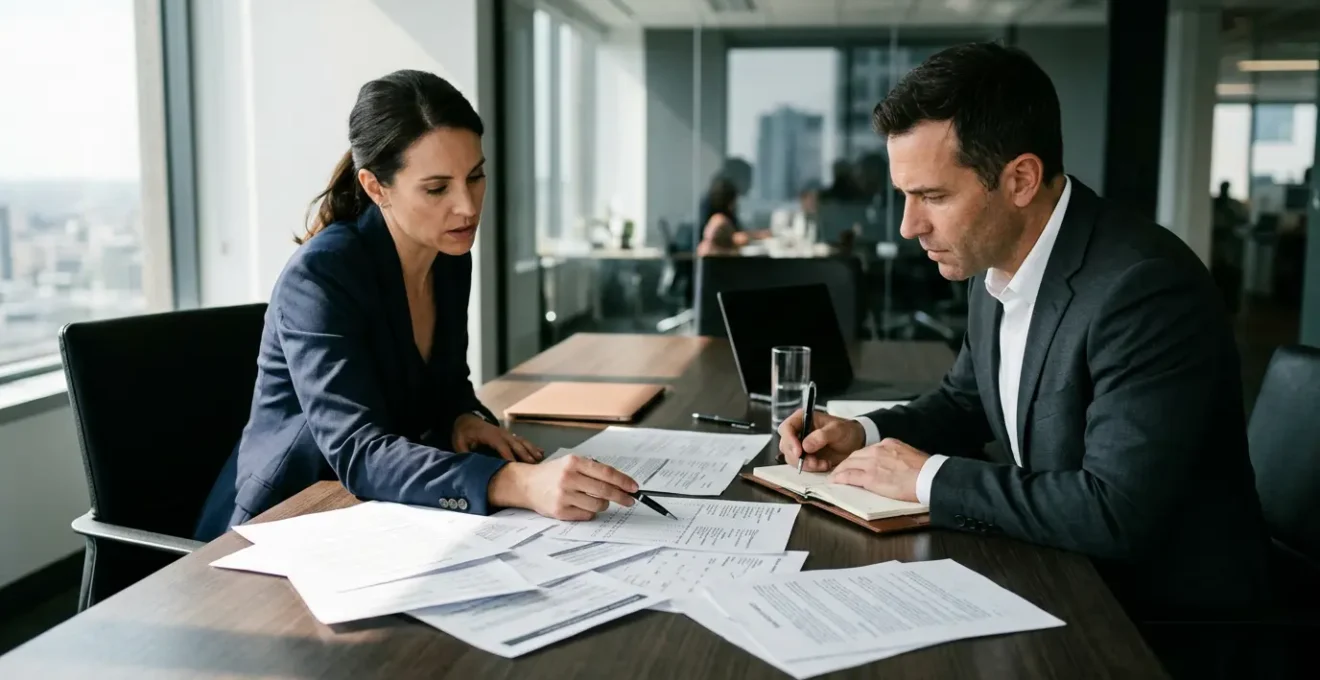 Négociation pour le rachat d'un fonds de commerce avec analyse minutieuse des documents financiers et contractuels dans un environnement professionnel