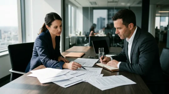 Négociation pour le rachat d'un fonds de commerce avec analyse minutieuse des documents financiers et contractuels dans un environnement professionnel
