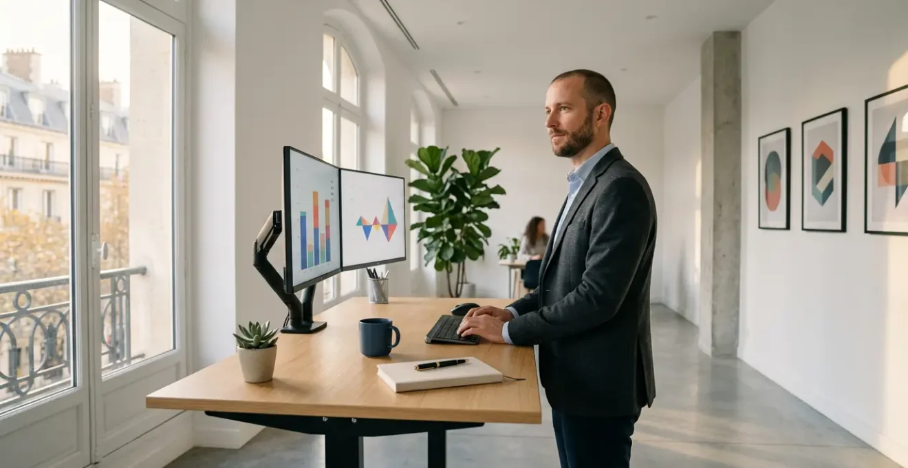 Entrepreneur créant du contenu médiatique innovant dans un espace de travail moderne et épuré