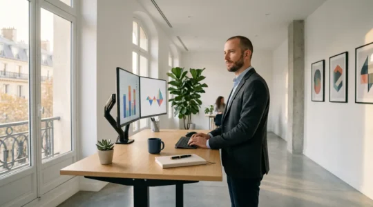 Entrepreneur créant du contenu médiatique innovant dans un espace de travail moderne et épuré