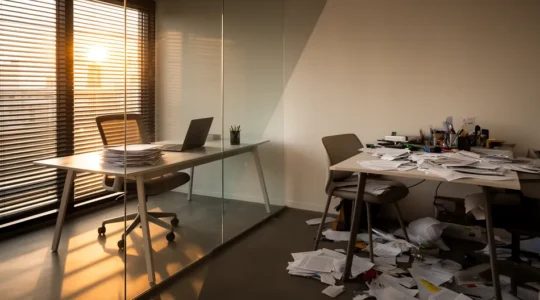 Bureau professionnel moderne contrasté avec espace domestique montrant la différence entre domiciliation professionnelle et personnelle