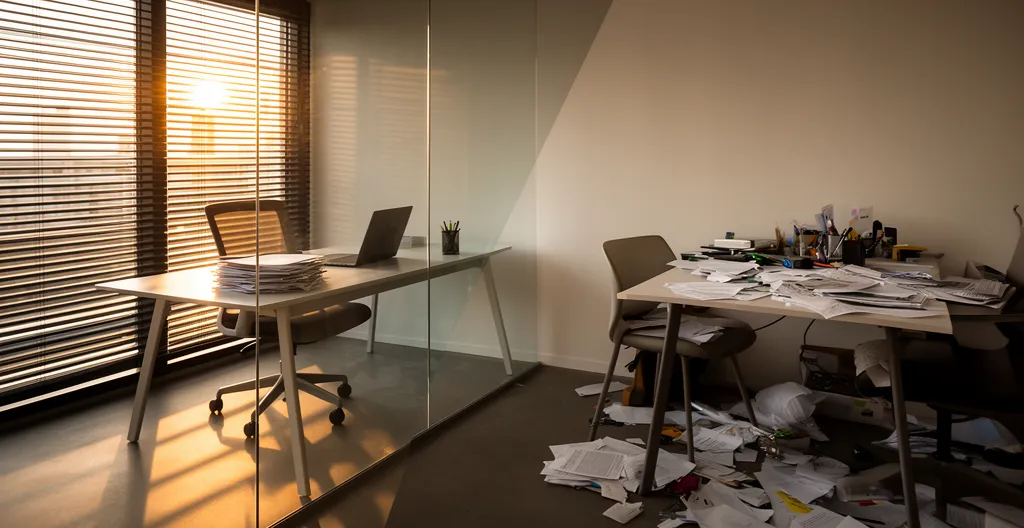 Bureau professionnel moderne contrasté avec espace domestique montrant la différence entre domiciliation professionnelle et personnelle