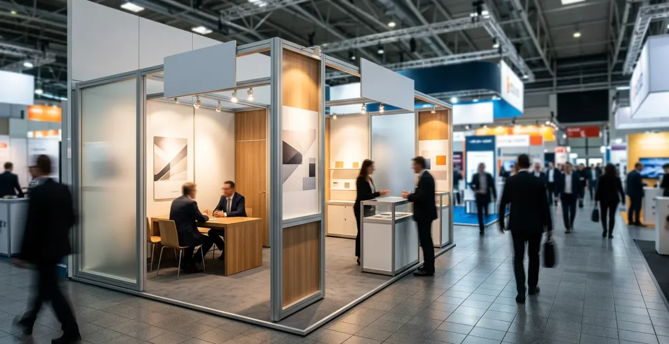 Vue d'ensemble d'un stand professionnel moderne dans un salon animé, avec des éléments de networking et d'échanges commerciaux