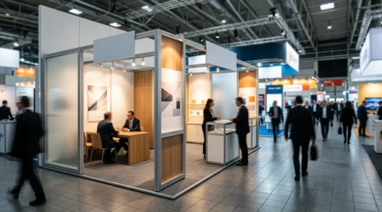 Vue d'ensemble d'un stand professionnel moderne dans un salon animé, avec des éléments de networking et d'échanges commerciaux