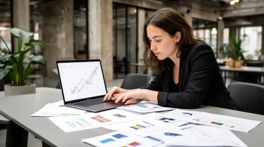 Jeune entrepreneure analysant des documents stratégiques dans un espace de coworking moderne avec architecture industrielle française