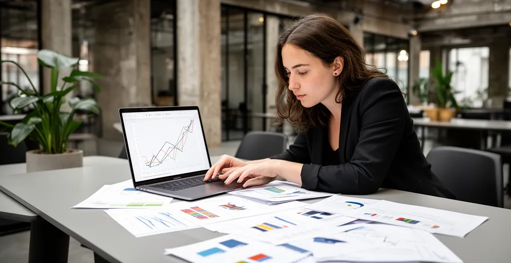 Jeune entrepreneure analysant des documents stratégiques dans un espace de coworking moderne avec architecture industrielle française