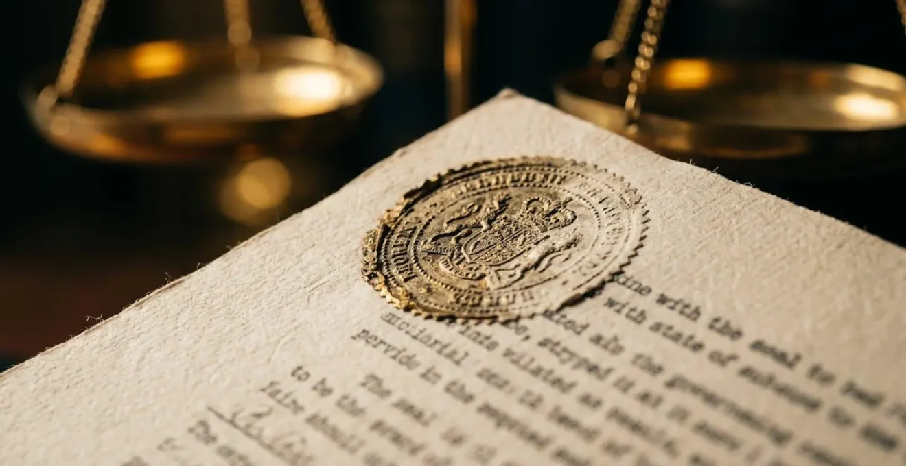 Vue macro de documents juridiques avec balance de justice floue en arrière-plan