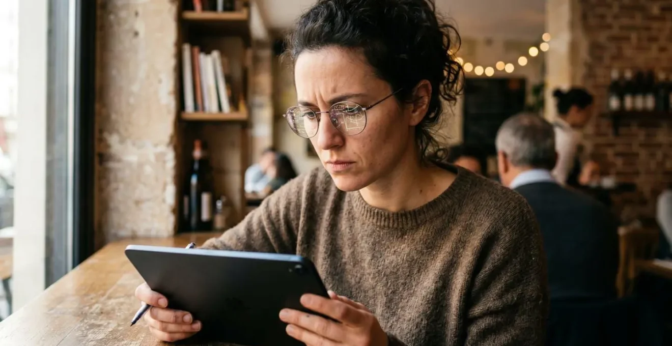 Entrepreneur analysant des données financières sur tablette dans un café
