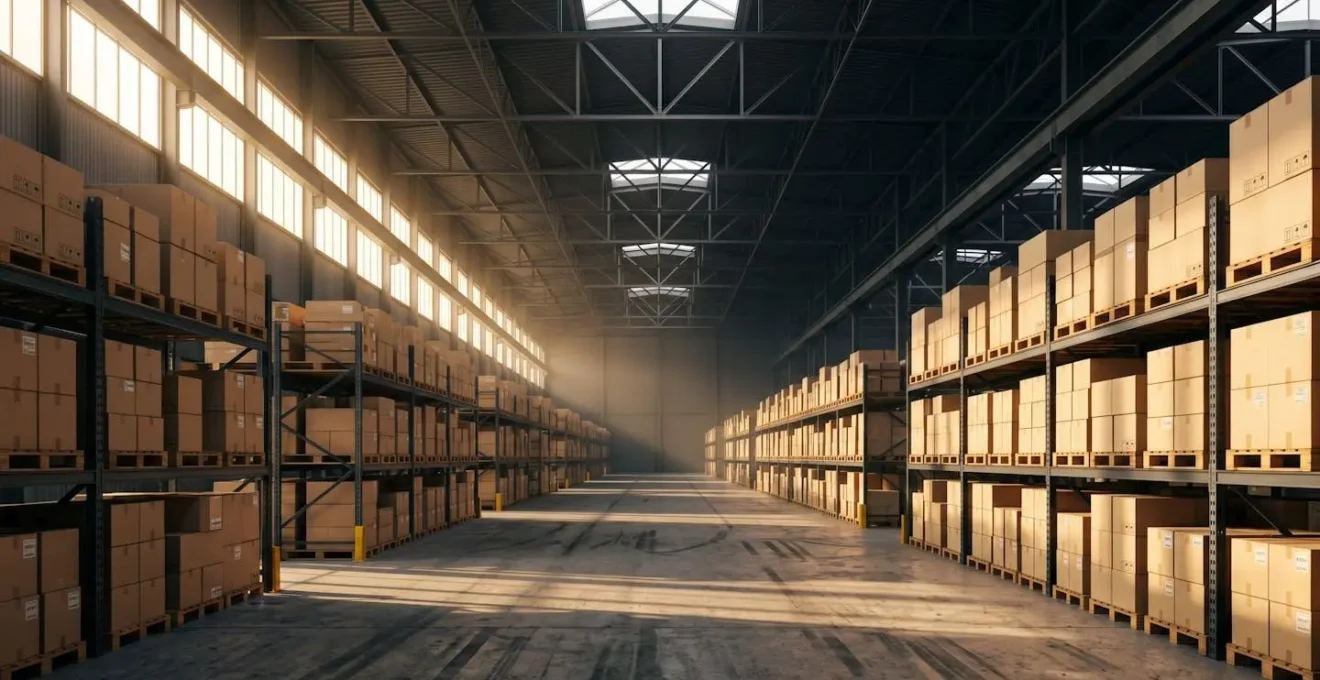 Vue grand angle d'un entrepôt avec jeu d'ombres et de lumières sur les rayonnages