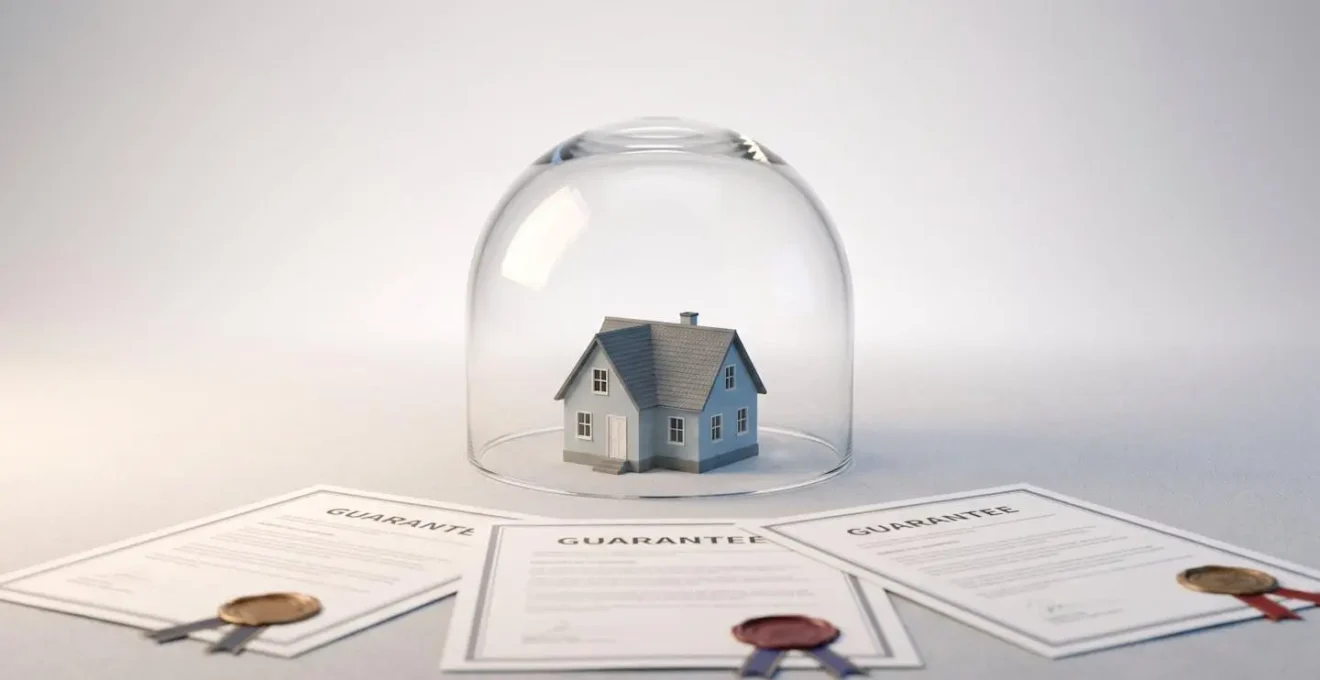 Vue symbolique d'une maison familiale protégée avec des documents de garantie alternative en premier plan