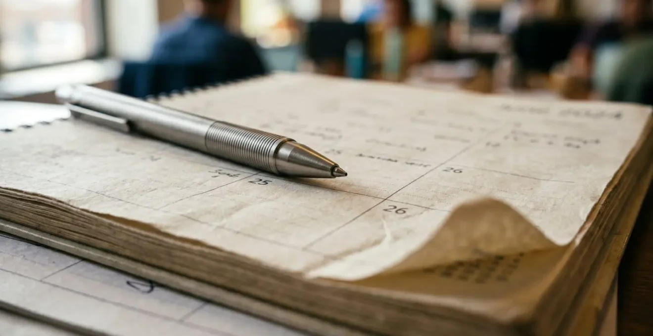 Vue macro de pages de calendrier avec marqueurs temporels pour planification de cession