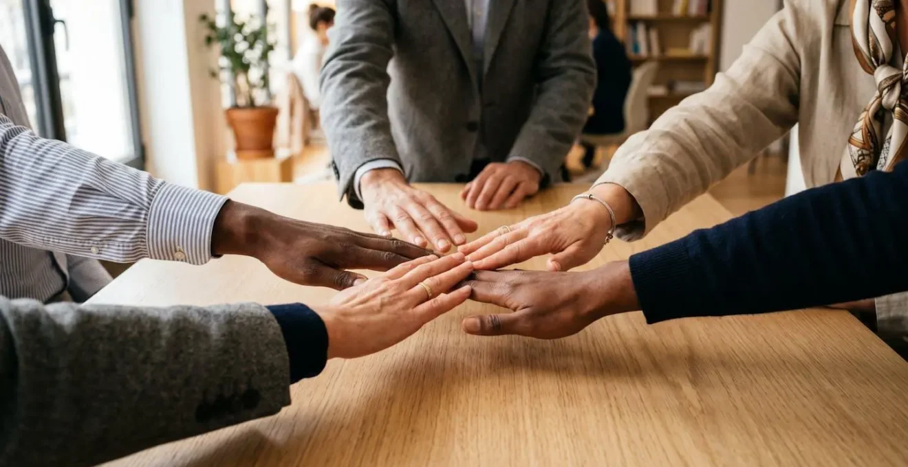 Mains d'entrepreneurs formant un cercle de collaboration et d'entraide
