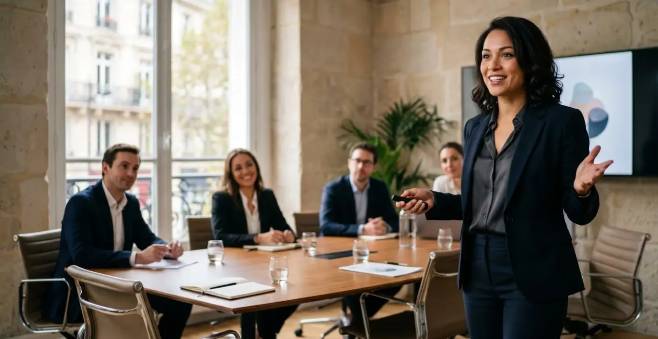 Entrepreneur présentant son projet devant un comité d'experts