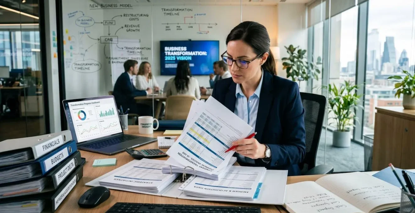 Expert-comptable analysant les documents financiers pour une transformation de société