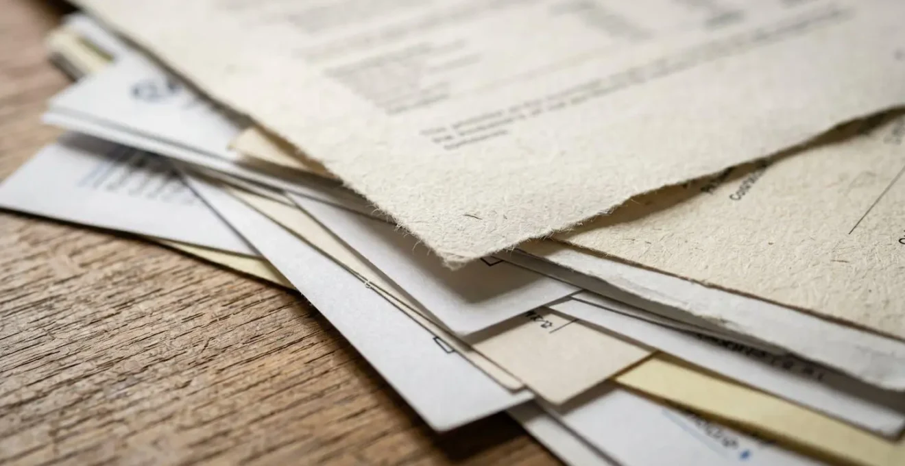 Gros plan sur des documents contractuels et factures organisés méthodiquement sur un bureau en bois