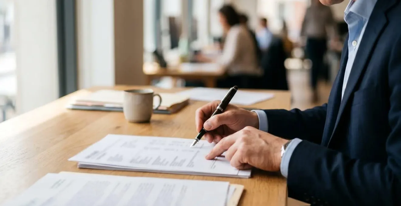 Bureau épuré avec documents administratifs flous et stylo haut de gamme