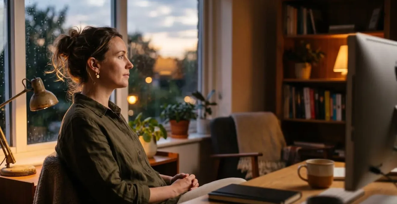 Vue large d'un espace de travail minimaliste au crépuscule avec une personne en pause contemplative