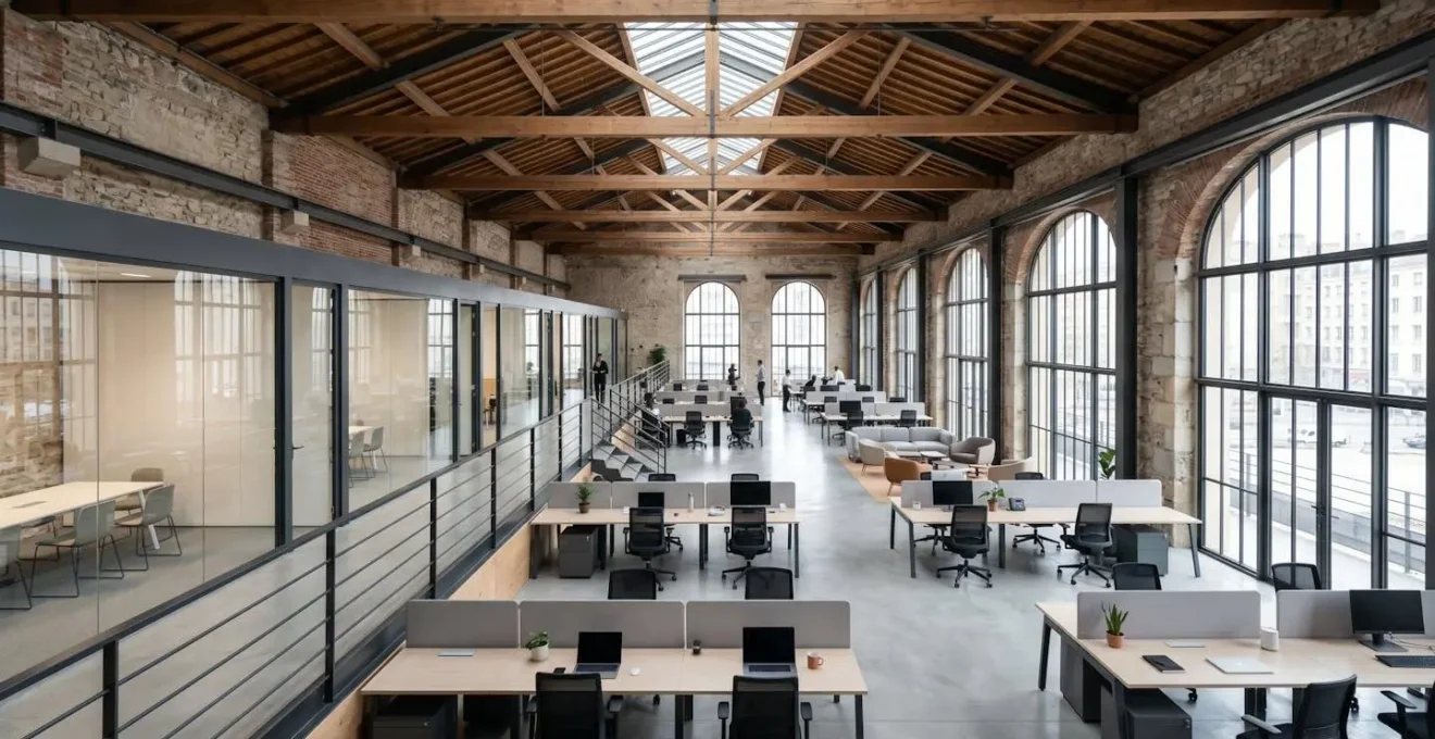 Vue large d'un open space moderne et lumineux avec espaces de travail modulables dans un bâtiment industriel rénové