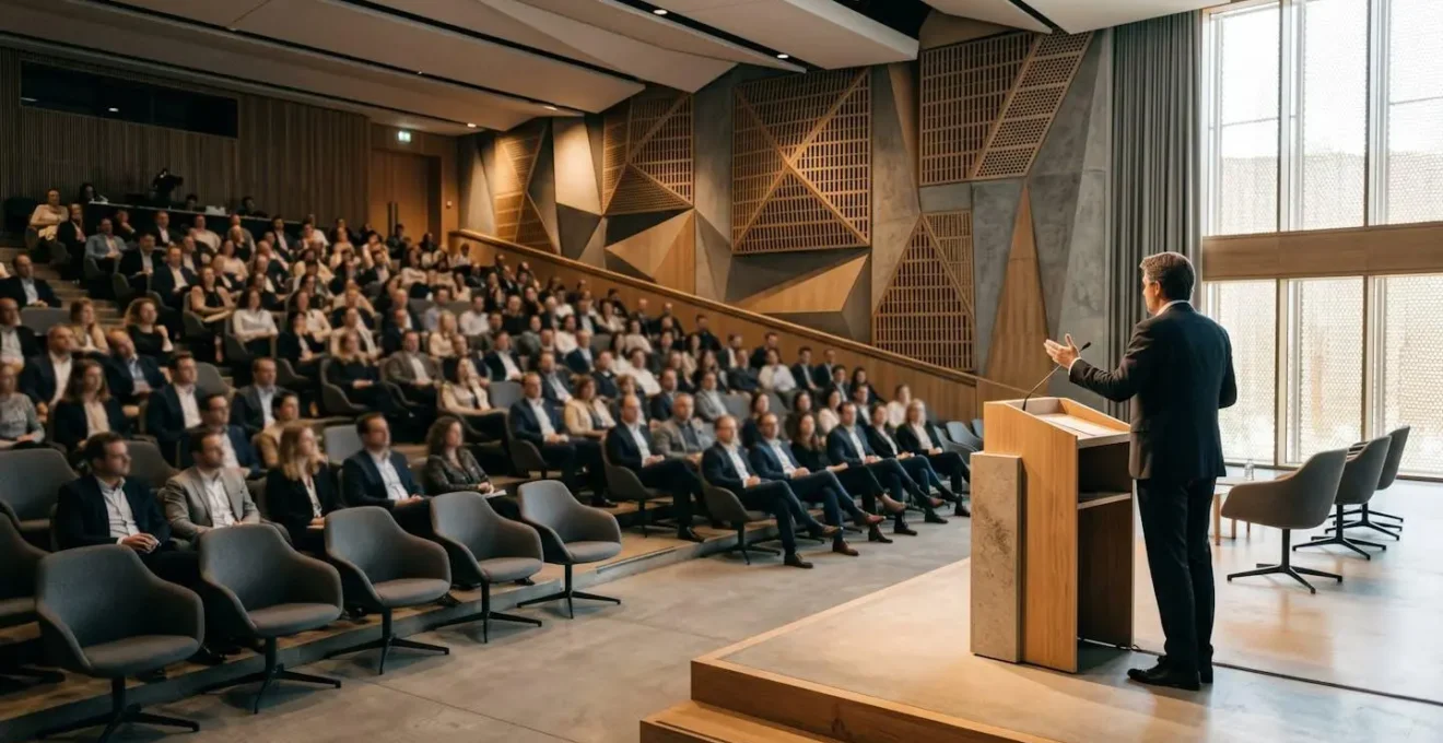Vue d'ensemble d'une salle de conférence moderne lors d'un événement professionnel français