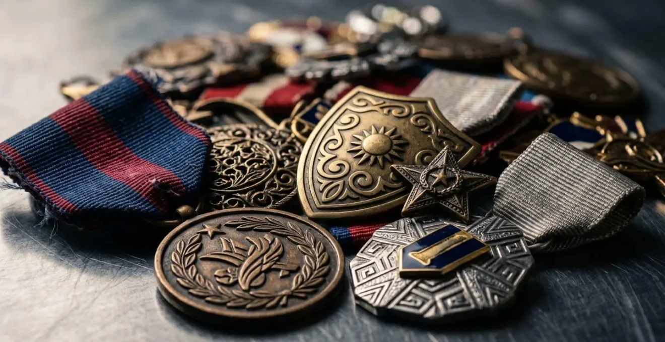 Gros plan sur des badges de réussite et trophées symboliques disposés sur une surface moderne