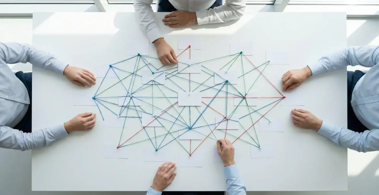 Vue aérienne d'un bureau avec des professionnels analysant une carte de connexions stratégiques entre partenaires