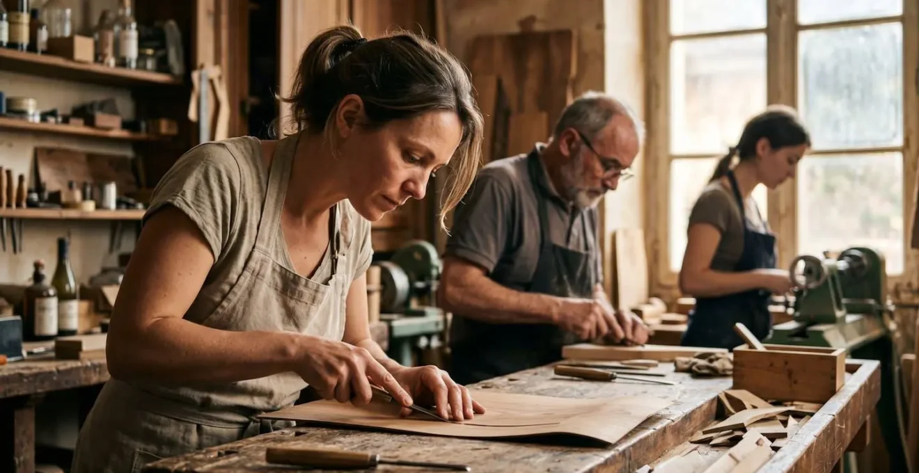 Groupe restreint d'artisans travaillant sur un projet spécialisé dans un atelier