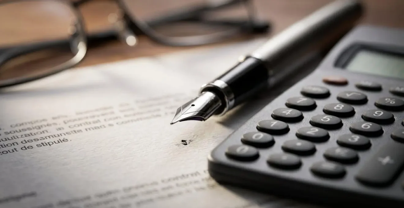 Vue macro détaillée de documents contractuels et calculatrice sur bureau en bois avec stylo plume