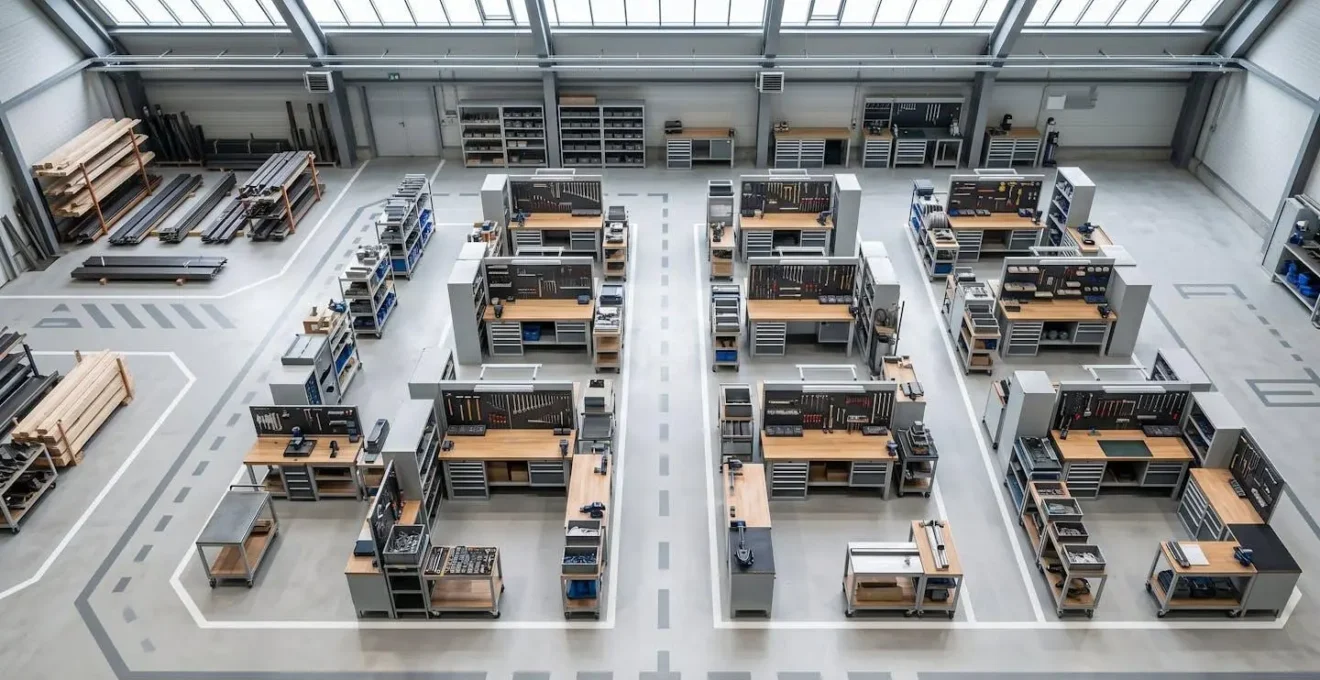 Vue aérienne d'un atelier avec flux de production organisé selon la méthode 5S