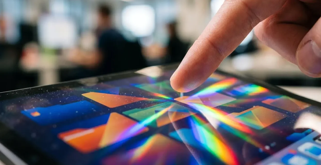 Espace de travail numérique épuré avec tablette montrant une interface abstraite de dossiers colorés