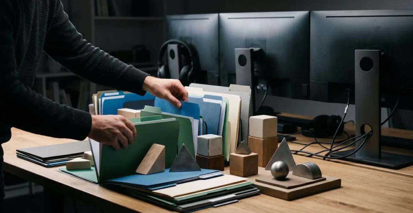 Espace de travail numérique avec écrans montrant l'organisation d'une data room