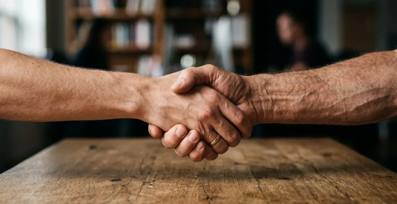 Poignée de main symbolique entre mentor et mentoré scellant leur engagement mutuel