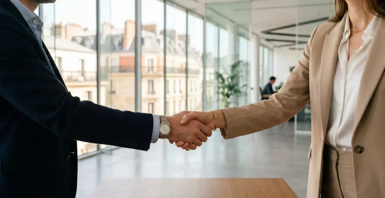 Poignée de main professionnelle symbolisant le partenariat entre un entrepreneur et un conseiller dans un environnement moderne