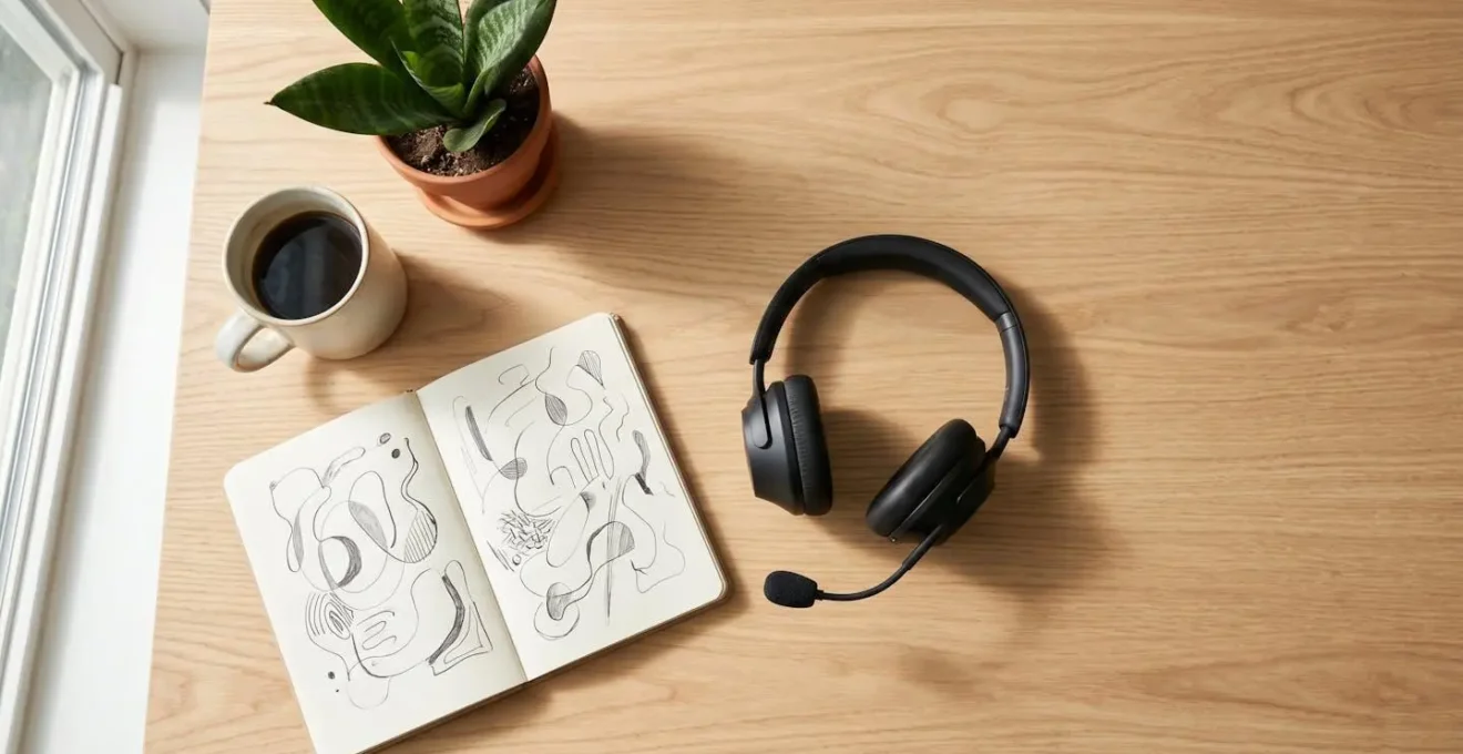 Vue aérienne d'un bureau moderne avec un casque téléphonique professionnel posé sur un bureau épuré