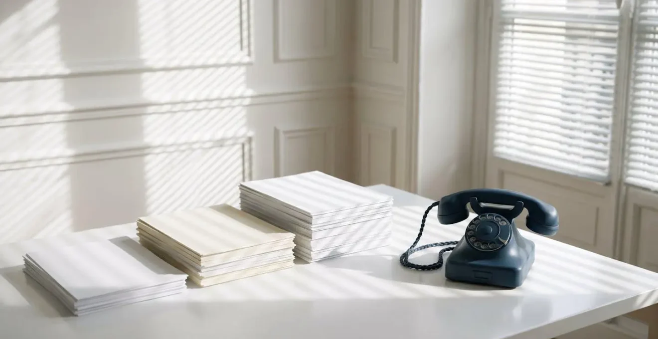 Espace de travail minimaliste avec téléphone et documents de suivi organisés en trois piles distinctes
