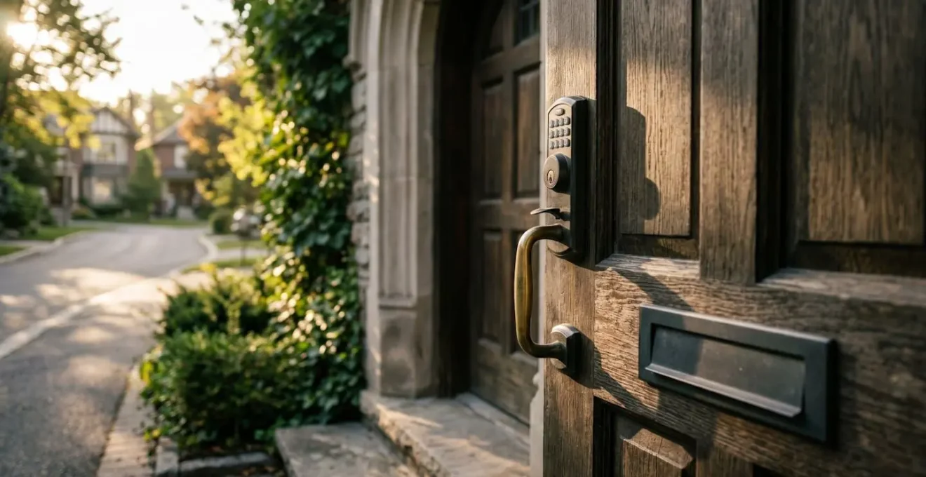 Porte d'entrée résidentielle fermée avec boîte aux lettres anonyme dans un quartier calme