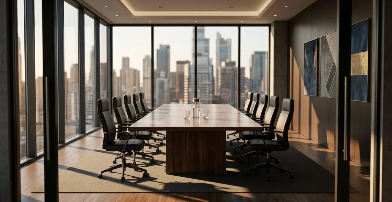 Salle de réunion moderne avec table en bois, chaises ergonomiques et vue sur la ville