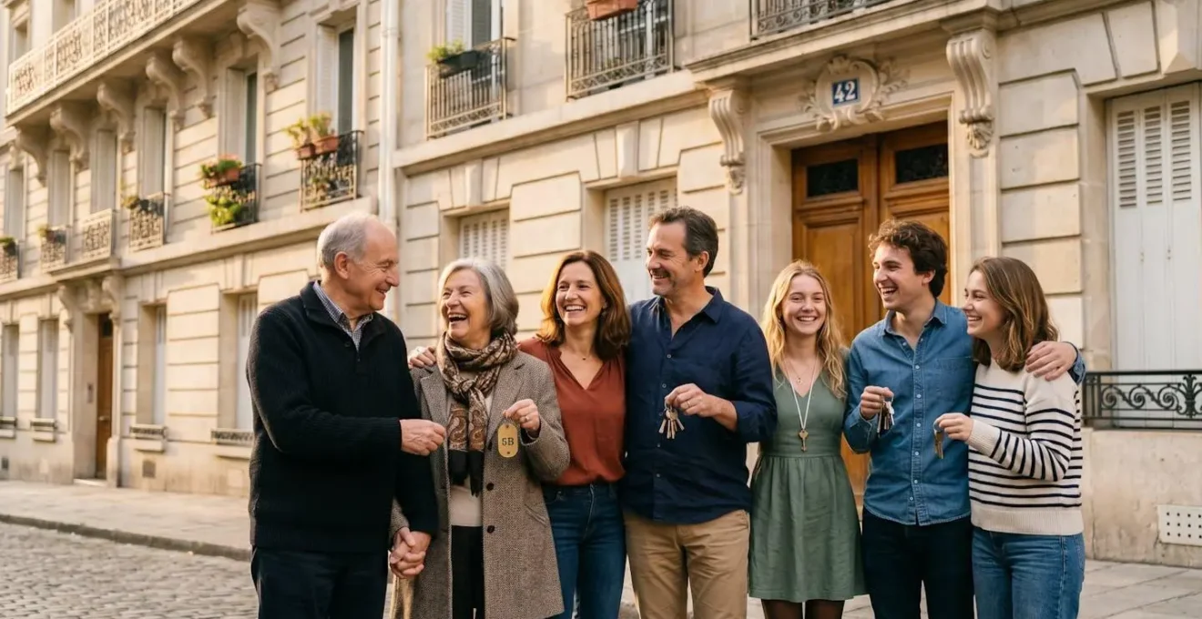 Famille multigénérationnelle devant un immeuble locatif avec clés symbolisant la transmission