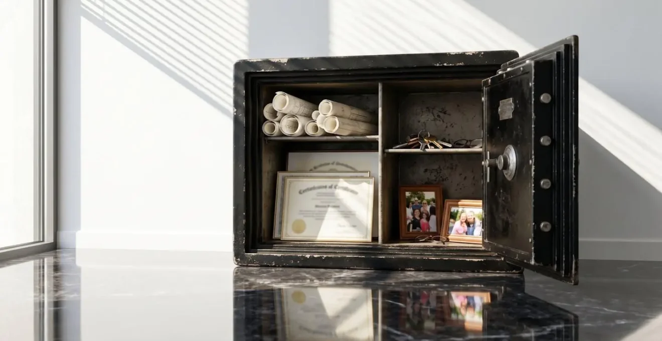 Coffre-fort ouvert révélant documents professionnels et clés symbolisant la protection patrimoniale