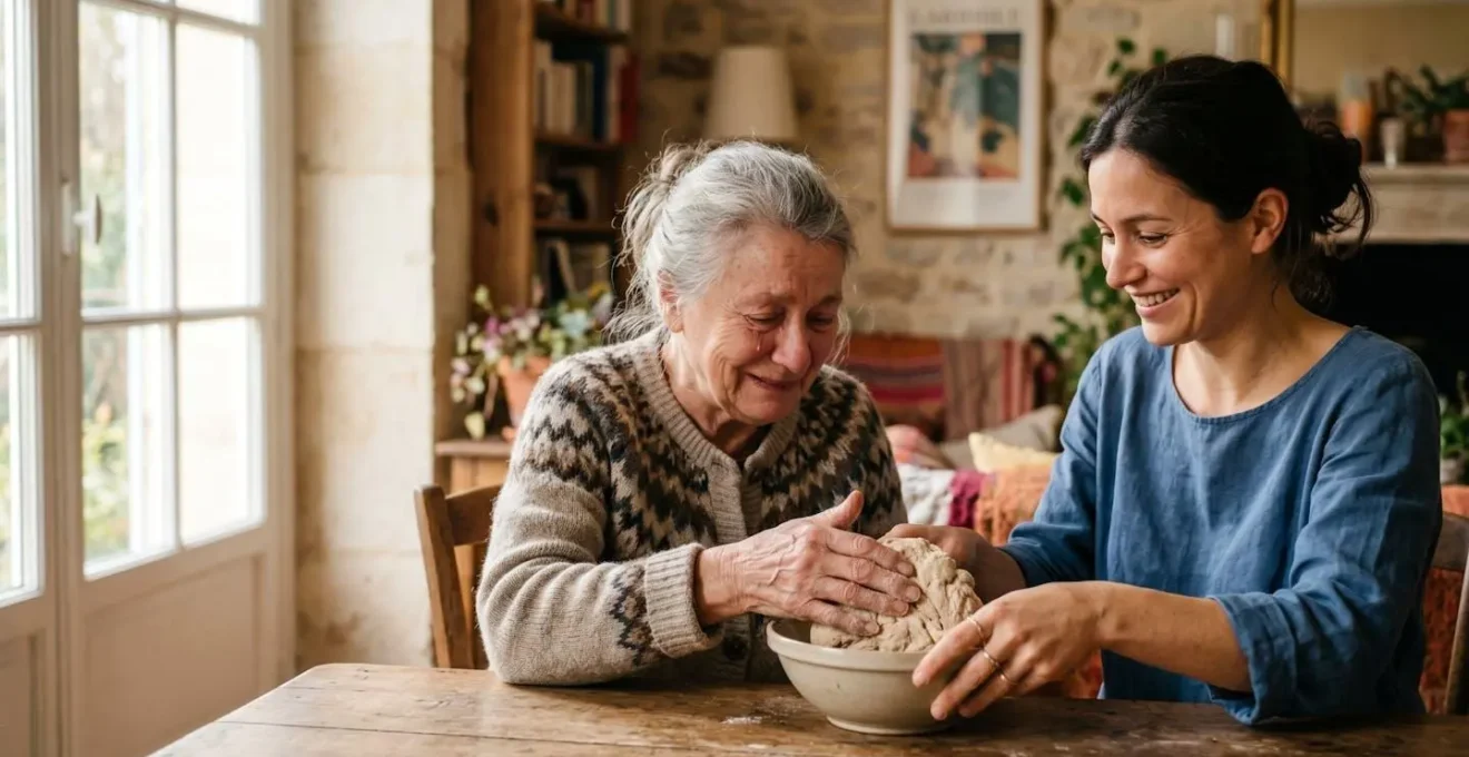 Professionnel des services à la personne accompagnant une personne âgée dans un intérieur français lumineux