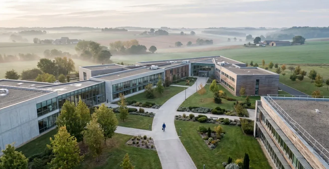 Vue aérienne minimaliste d'un parcours stratégique d'entreprise depuis la création jusqu'à la cession