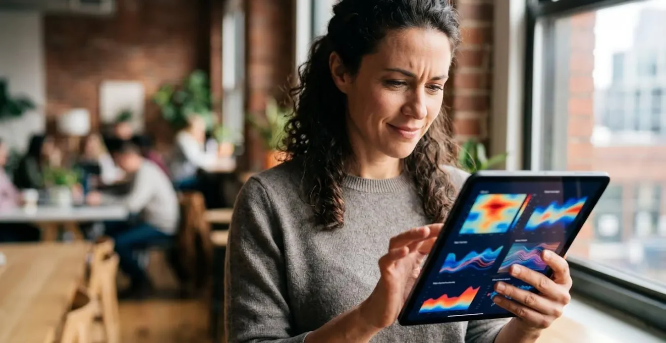 Personne analysant des métriques de campagne sur tablette dans un environnement de travail moderne