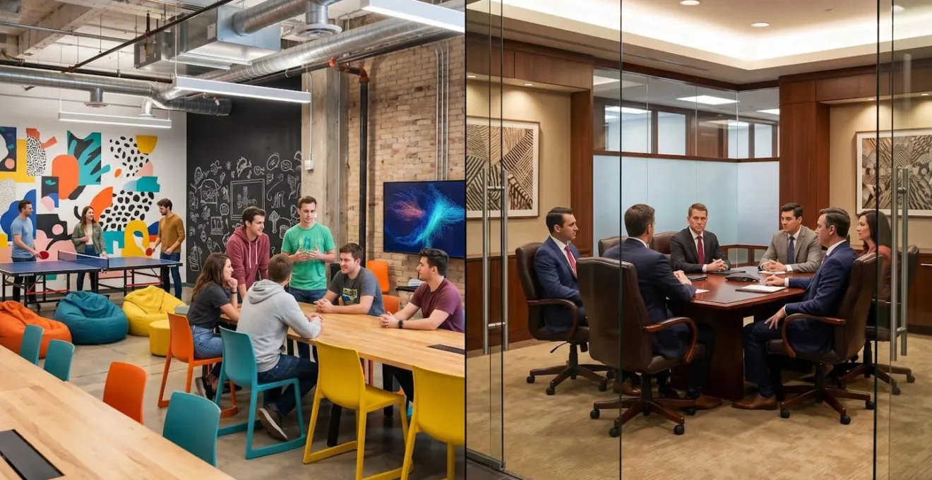 Contraste entre un espace coworking dynamique startup et un bureau feutré corporate