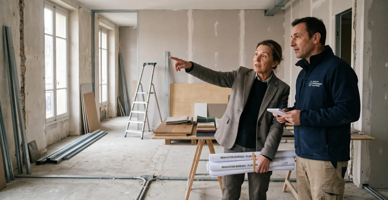 Une architecte d'intérieur et un responsable de site discutent de l'agencement d'un bureau en cours de rénovation.