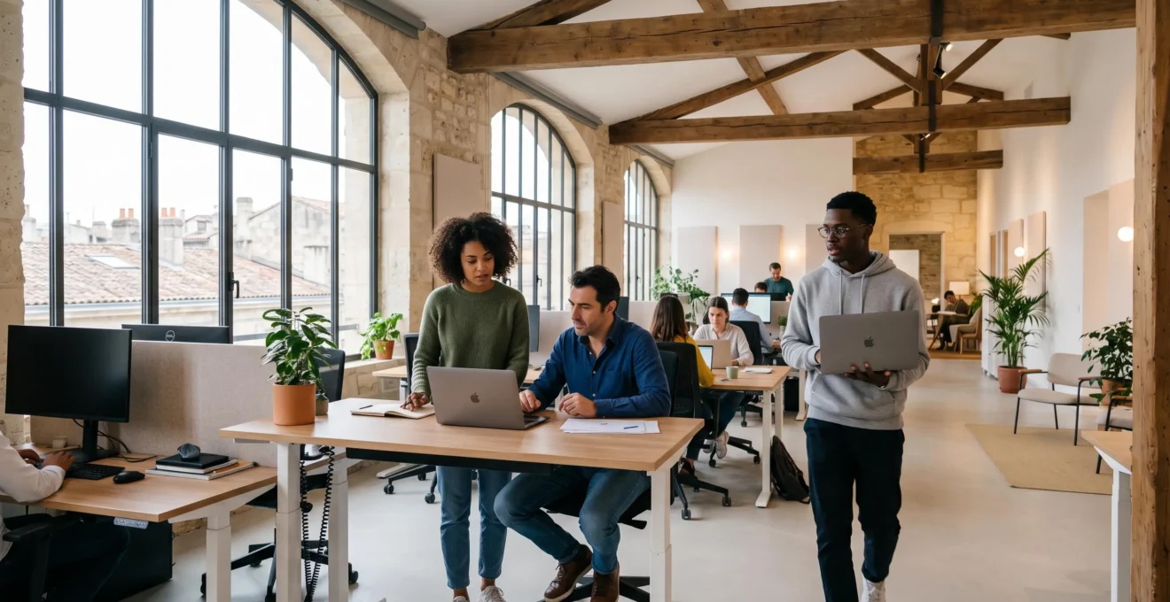 Groupe de collaborateurs travaillant dans un bureau open-space réaménagé avec poutres apparentes et grandes fenêtres à Bordeaux.